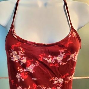 Chic Floral Tank Top, Burgundy w/ White & Pink Flowers, Stretchy, Thin Staps